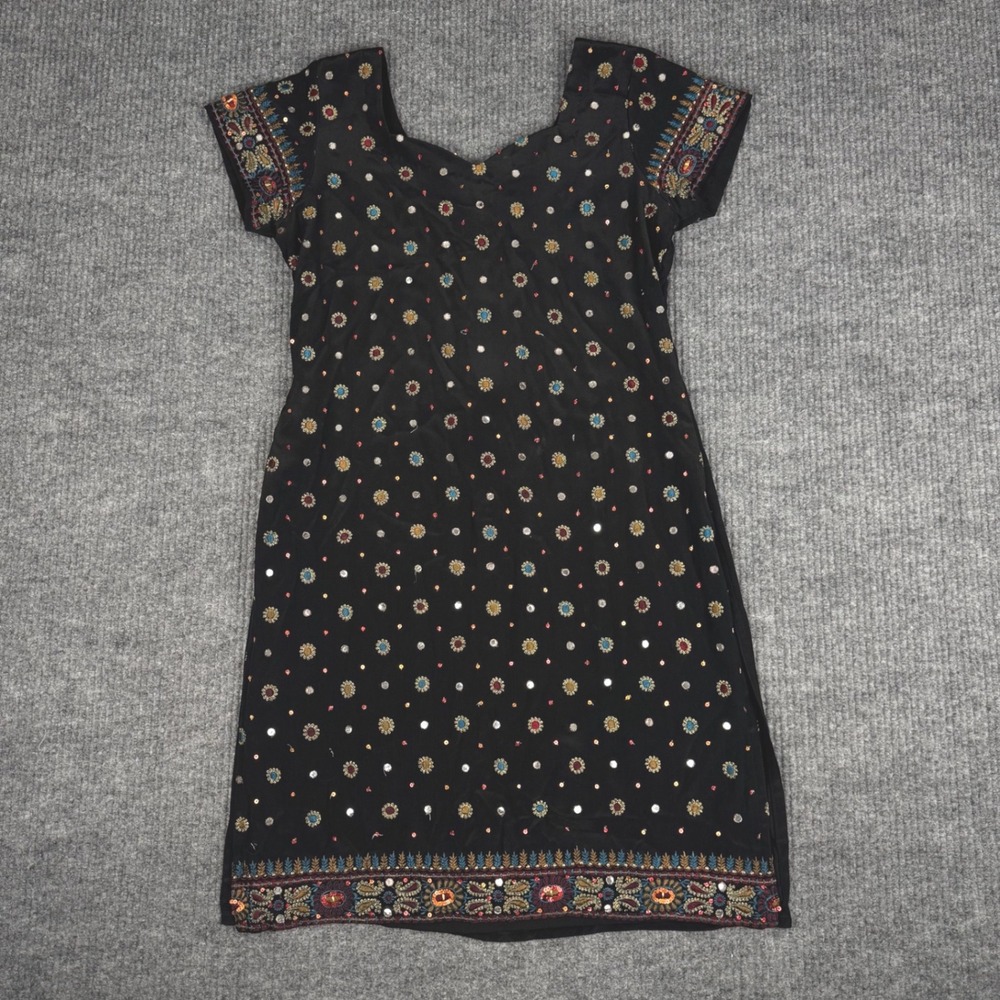 Kurta Dress Womens XS Black Embroidered Mirror Sequin Short Sleeve Dress